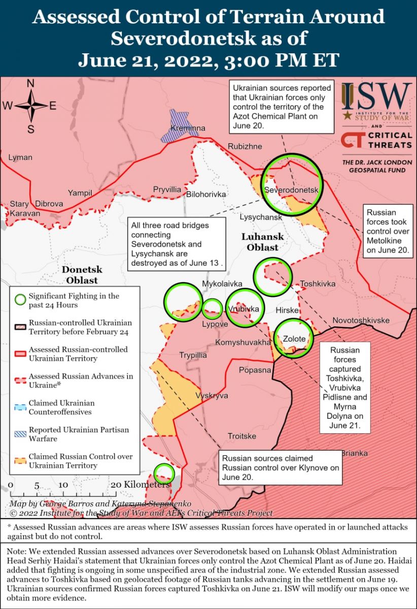 Карта бойових дій в Україні станом на 22 червня, дані - ISW