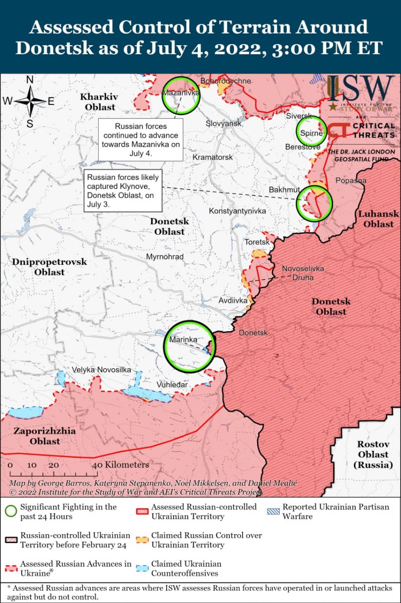 Карта бойових дій 4 липня, дані - ISW 