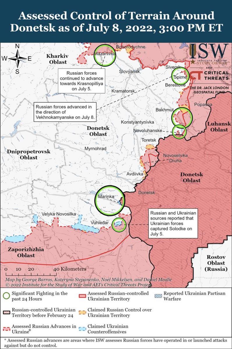 Карта бойових дій 8 липня, дані - ISW