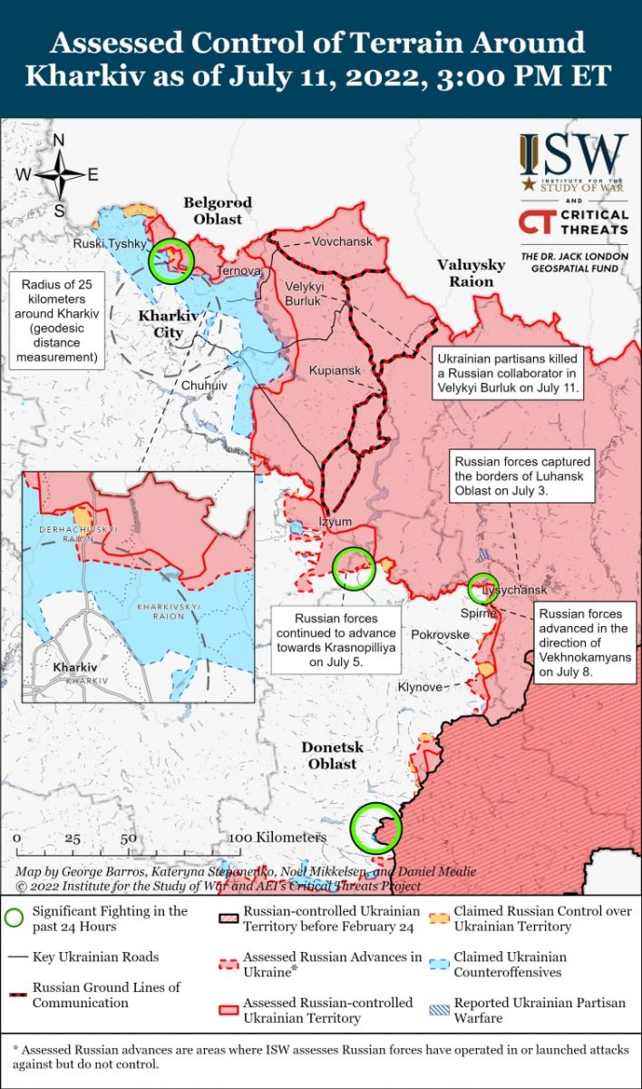 Карта російського вторгнення в Україну станом на 12 липня, дані - ISW