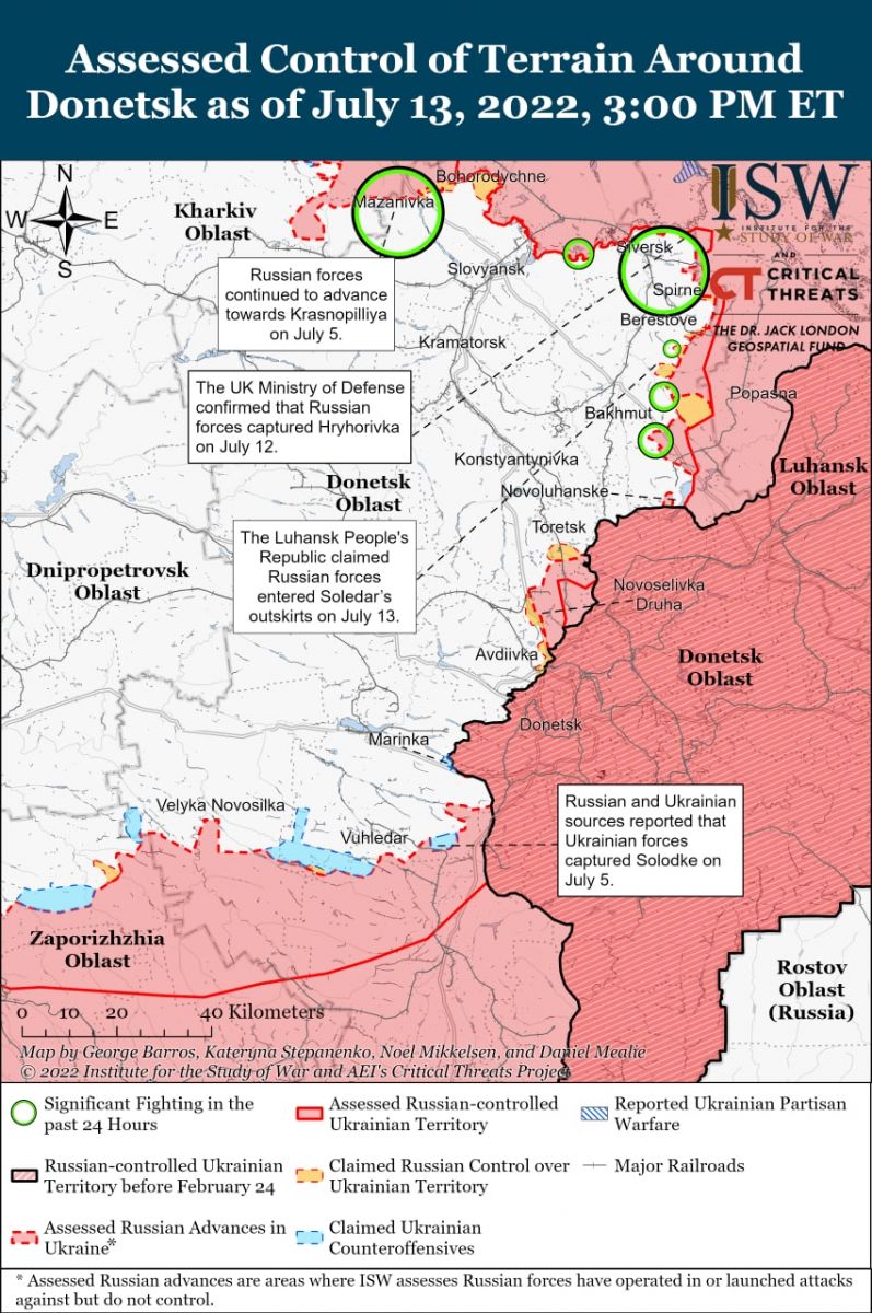 Карта бойових дій станом на 13 липня, дані - ISW