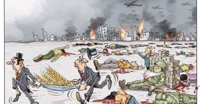 Пока люди гибнут, а Украина пылает, а кого-то волнует лишь как тишком забрать наше зерно. Карикатура: Charlie Hebdo