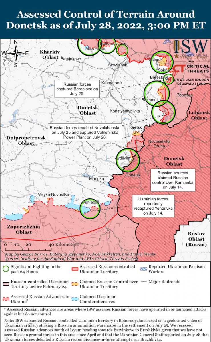 Бойові дії в Україні станом на 28 липня, карта - ISW