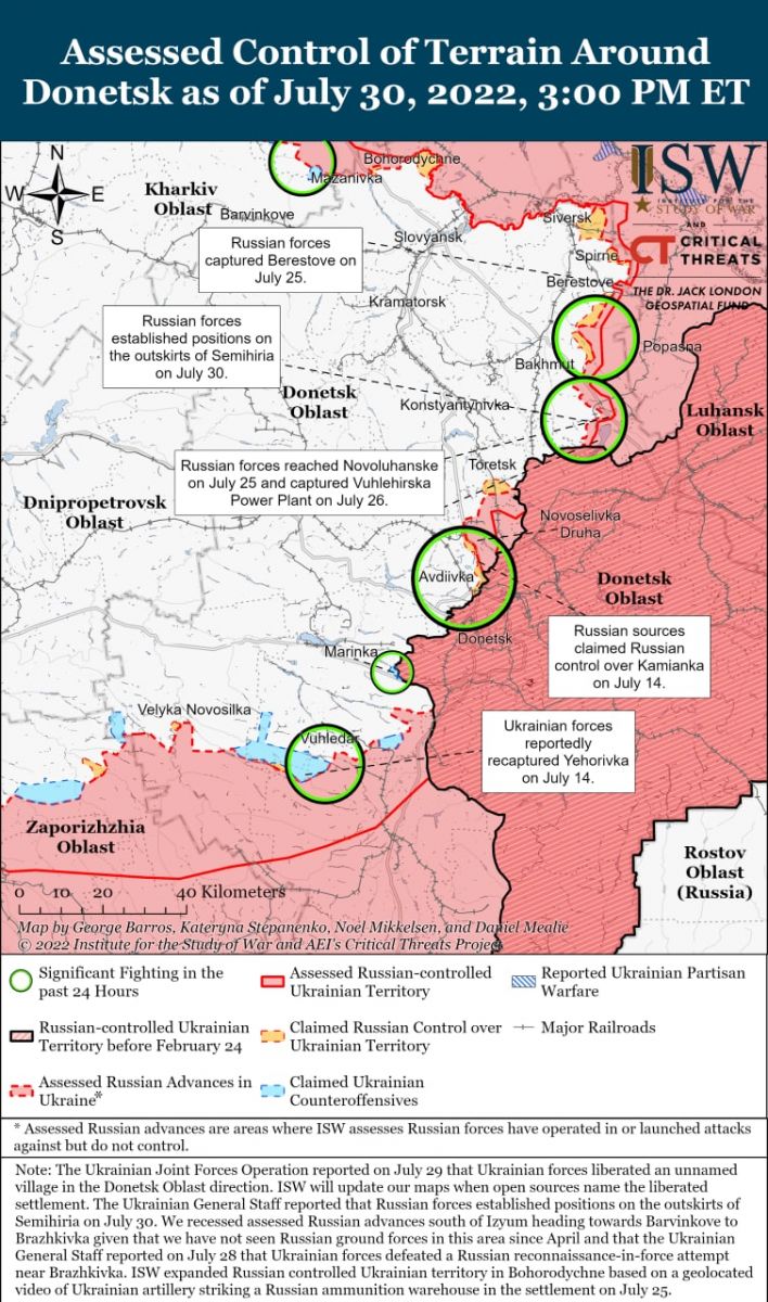 Бойові дії на сході України 31 липня, карта - ISW