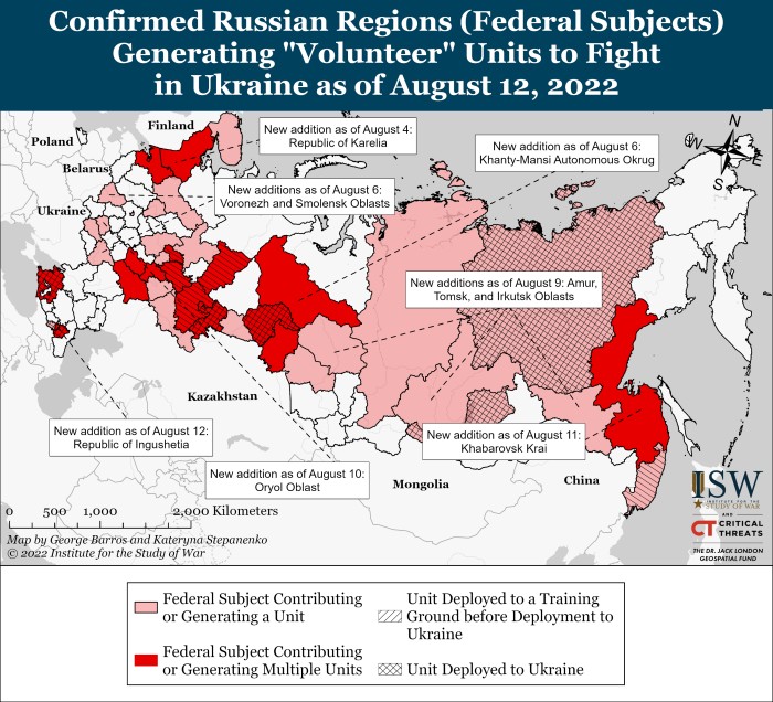 російські регіони, де підтверджено формування «добровольчих батальйонів», інфографіка: ISW