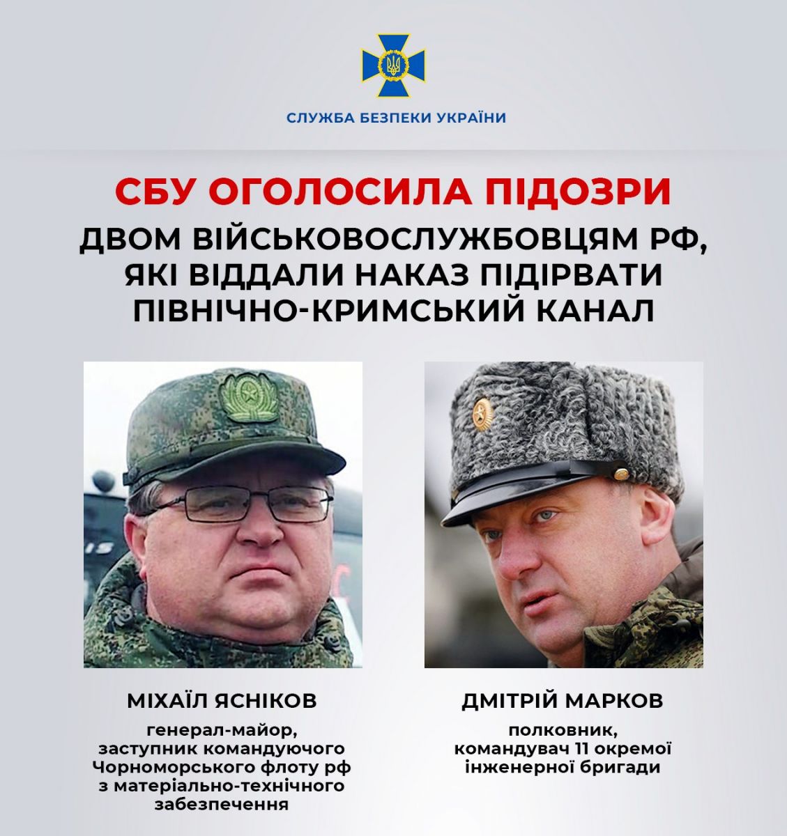СБУ ідентифікувала двох російських офіцерів, які підірвали Північно-Кримський канал. Фото: СБУ