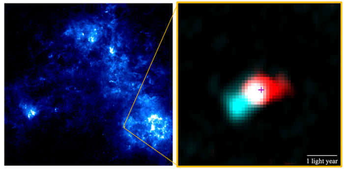 Ліворуч – широке інфрачервоне зображення Малої Магелланової Хмари, отримане за допомогою космічної обсерваторії Herschel. Праворуч – зображення молекулярного відтоку від «новонародженої» зірки Y246. Блакитний і червоний кольори показують газ із синім і червоним зміщенням, який спостерігається у викидах чадного газу (CO). Хрестик вказує на положення «зірочки-малюка». Фото: Університет Осаки