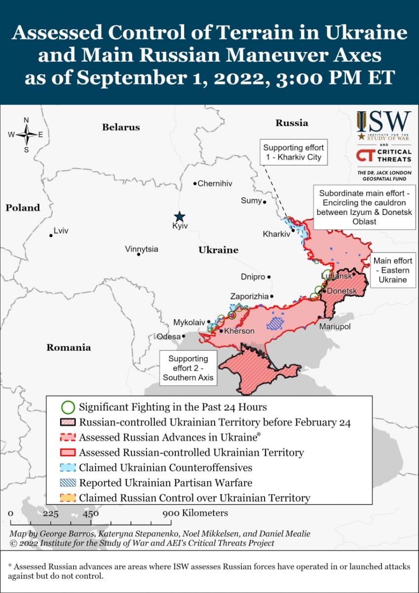 Бойові дії в Україні станом на 2 вересня, карта - ISW