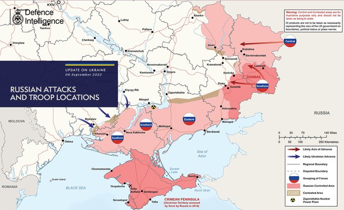 Карта бойових дій станом на 6 вересня, дані - Міноборони Великої Британії