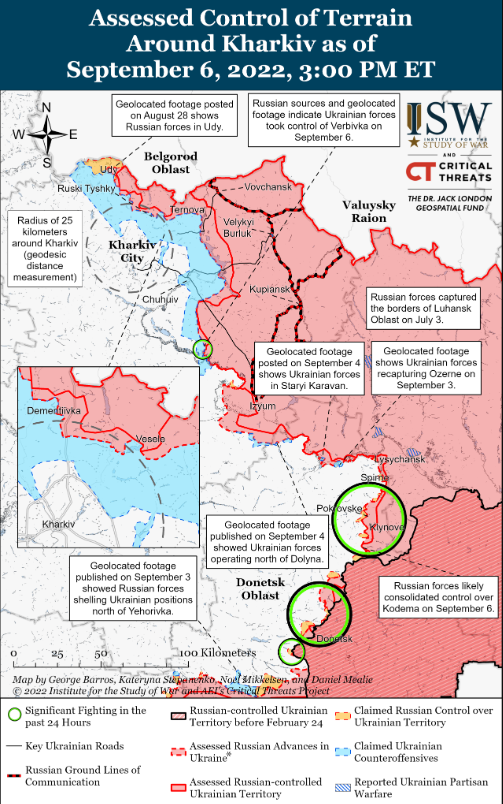 Бойові дії поблизу Харкова станом на 6 вересня, карта - ISW