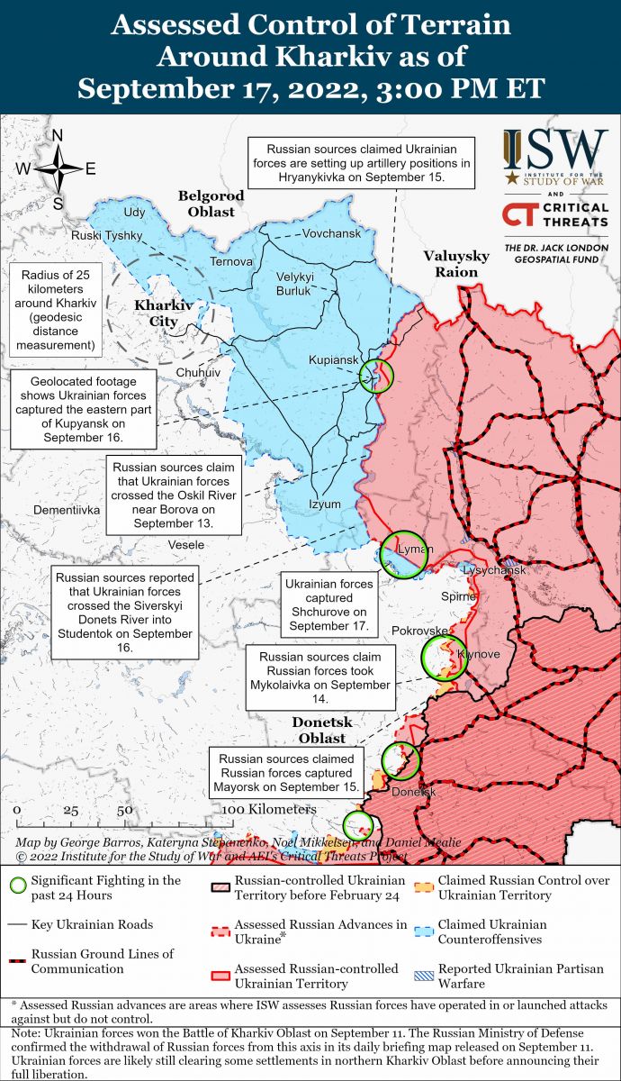 Російські війська втратили понад 200 одиниць техніки під час втечі з Харківської області. Карта: ISW