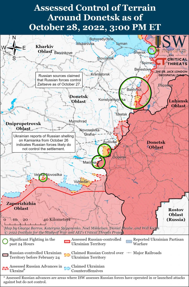 Росія перебільшує свої успіхи про просування під Бахмутом. Карта: ISW