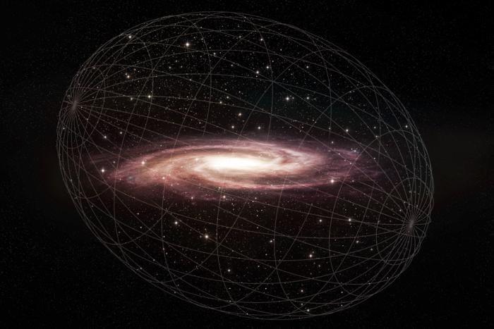 Астрономи виявили, що зоряне гало галактики Чумацький шлях має форму цепеліну та нахилене. Ця ілюстрація художника підкреслює форму тривимірного ореолу, що оточує нашу галактику, фото: Melissa Weiss/Center for Astrophysics | Harvard & Smithsonian