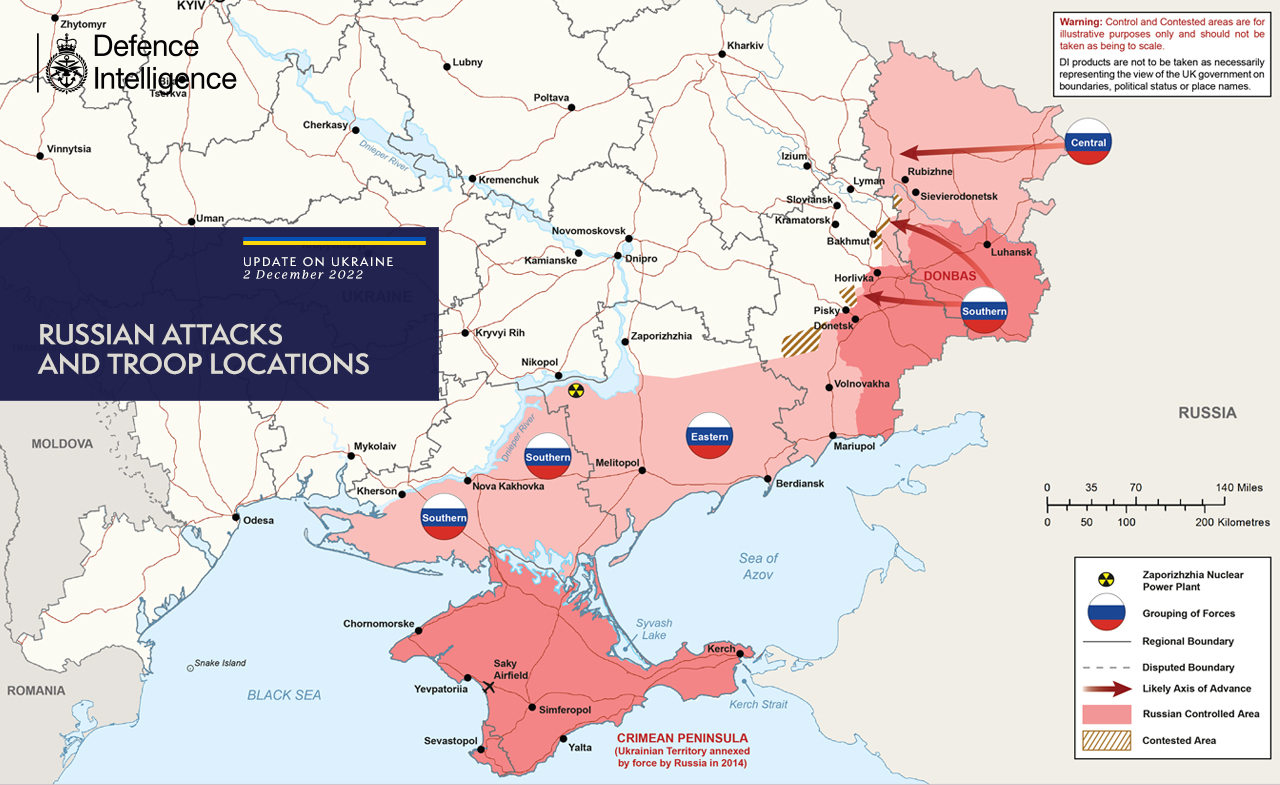 Карта російського вторгнення в Україну станом на 2 грудня від Міноборони Великої Британії