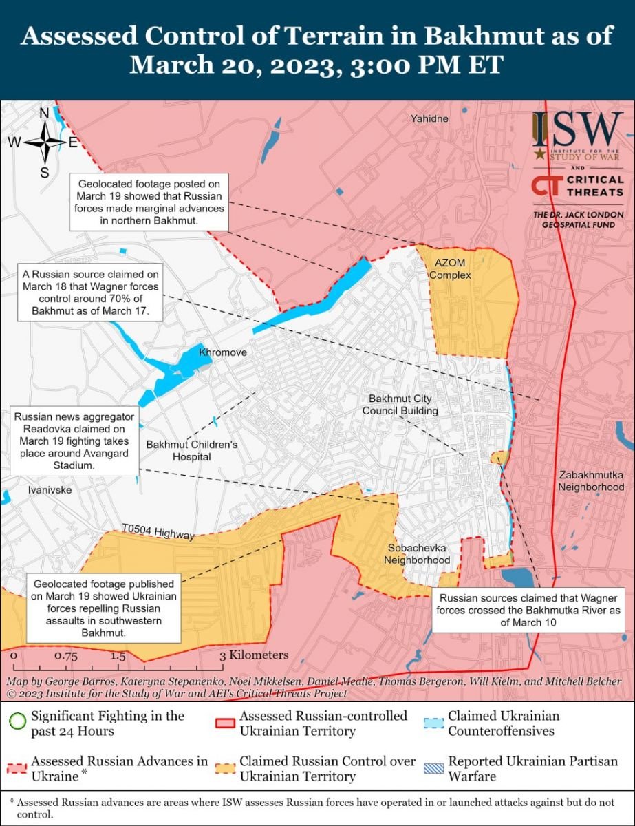 Бої за Бахмут, карта 21 березня від ISW