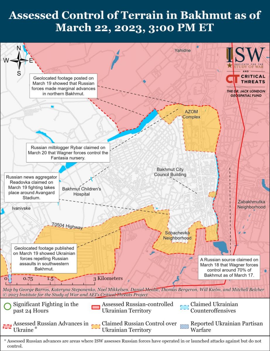 Битва за Бахмут, карта ISW станом на вечір 22 березня
