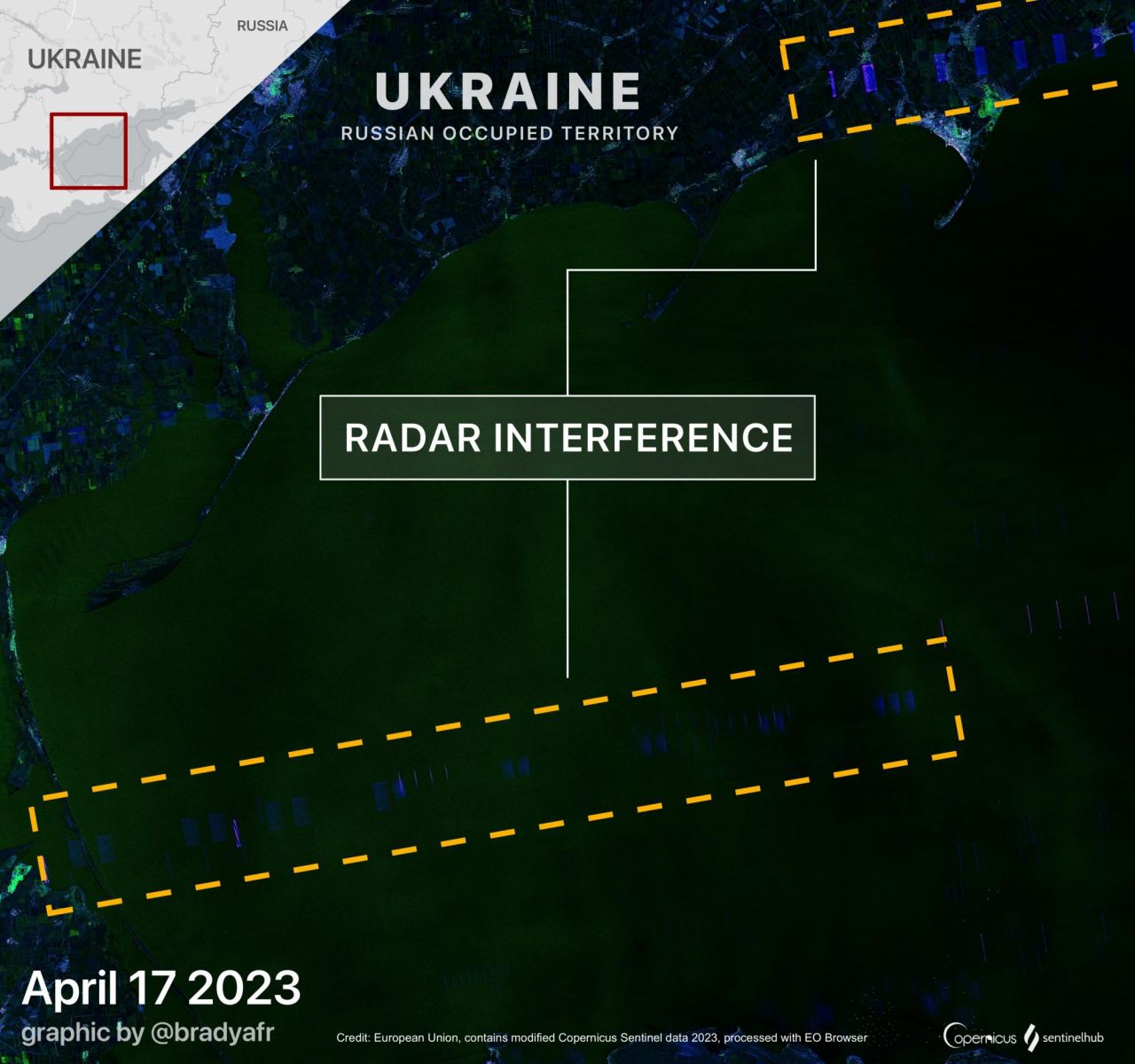 Системи ППО рф зафіксували на півдні України та в Азовському морі. Карта: Брейді Афрік