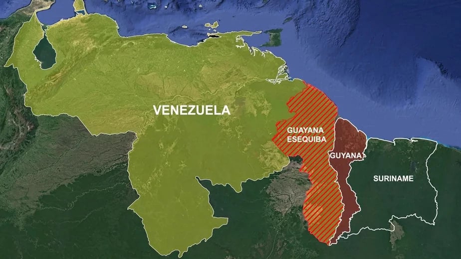 Венесуела зображена жовтим кольором. Гайана - червоним. Регіон Ессекібо позначено помаранчевим кольором. Фото: SurinameCentral / Wikimedia Commons