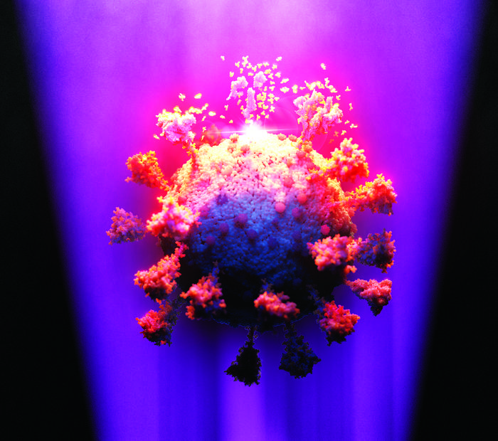 Малюнок художника, на якому зображено, як ультрафіолетове світло руйнує вірусну частинку SARS-CoV-2, джерело: Саутгемптонський університет