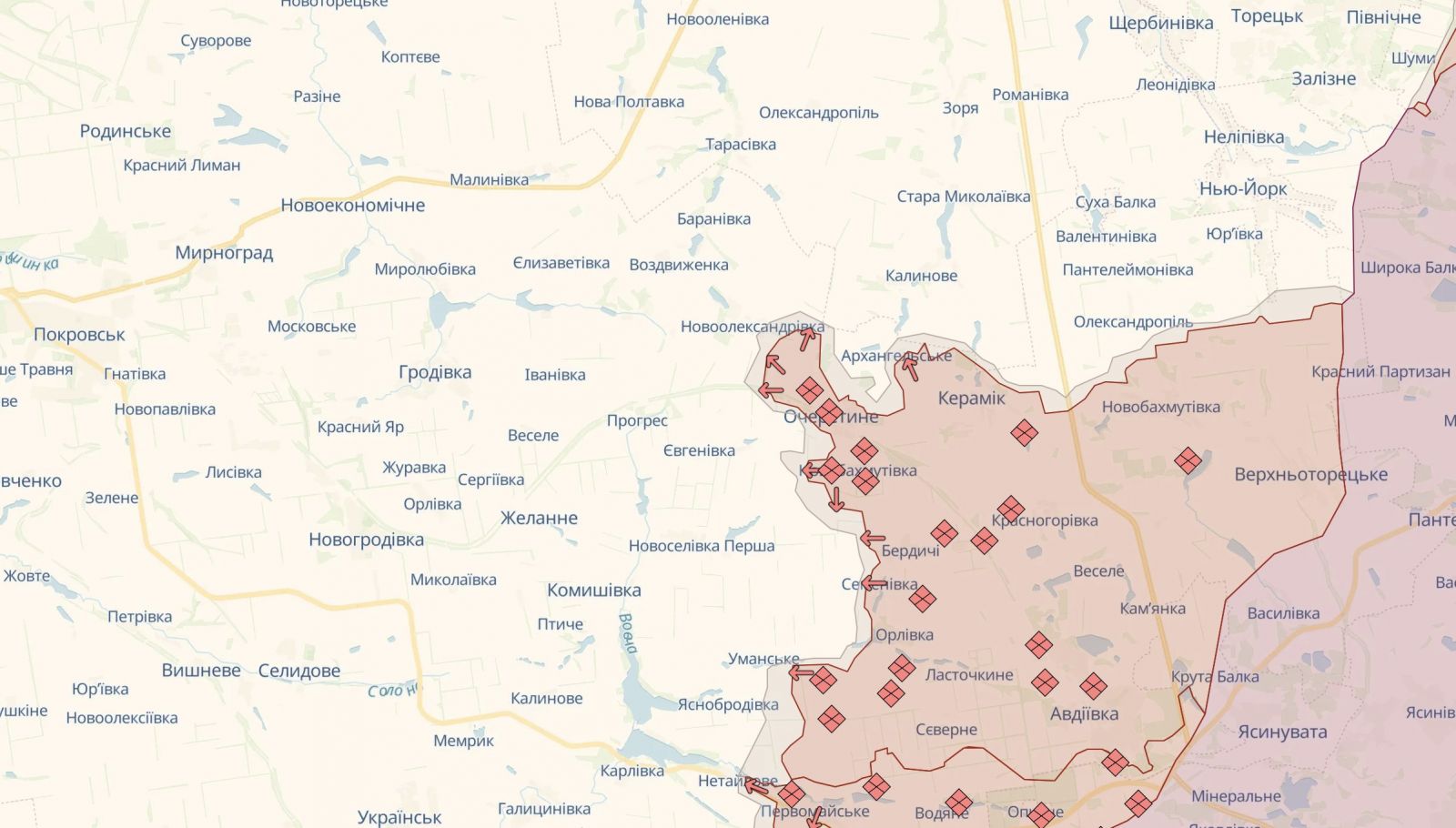 Російські війська змогли закріпитися в Очеретиному. Карта: DeepState