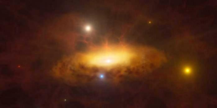 Иллюстративное изображение показывает растущий диск материала, который втягивает черная дыра, питаясь газом, имеющимся в ее окружении, заставляя галактику светиться, источник: ESO/M. Kornmesser