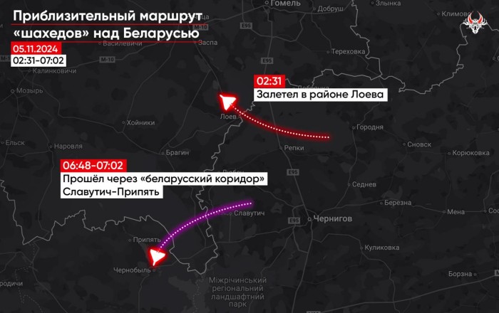 Російські «шахеди» вночі знову залітали до білорусі, інфографіка: «Беларускі Гаюн»