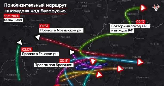 Российские «шахеды» в ночь на 10 ноября снова залетали в юеларусь, инфографика: «Белорусский Гаюн»