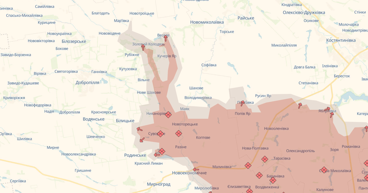 Російські ДРГ проникли в чотири села на Покровському напрямку. Карта: DeepState