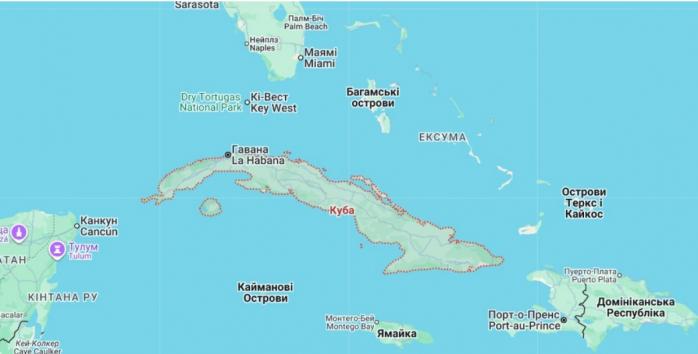 Украина поживает уровень дипломатических отношений с Кубой, карта: Google Maps