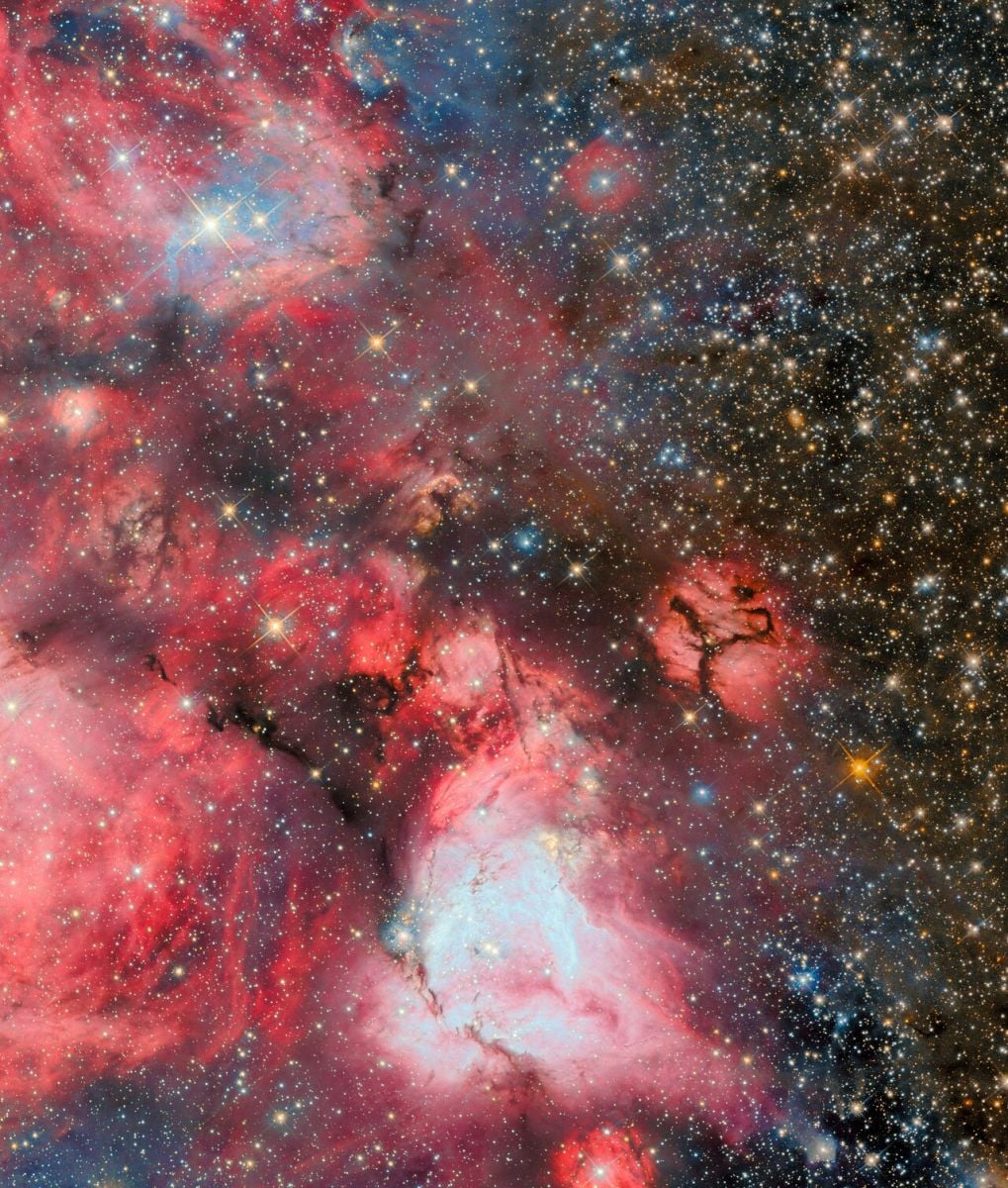 Поле, заповнене зірками і вкрите хмарами газу та пилу. У центрі товстий стовп темного чорного пилу блокує світло зірок, які освітлюють його ззаду. Більше хмар за цими зірками освітлені блідими кольорами. Складні, багатошарові нитки червоного пилу лежать ліворуч і праворуч. Блакитні, білі та золоті зірки різних розмірів можна побачити навколо, всередині та крізь кольорові шари пилу. Фото: ESA/Hubble & NASA, R. Indebetouw