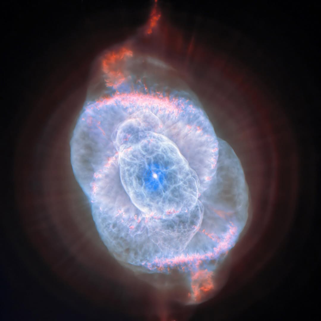 Зображення центру планетарної туманності (туманність «Котяче око»). Блакитна зірка розташована в центрі серії напівпрозорих газових бульбашок, що перекривають одна одну. Бульбашки мають складну ниткоподібну структуру. Дві найбільші бульбашки перекривають одна одну наполовину, утворюючи форму, схожу на око, із зіркою в центрі. Струмені високошвидкісного газу вириваються з верхньої та нижньої частин туманності. Слабкі концентричні кола газу також оточують зірку, за межами бульбашок. Джерело: ESA/Hubble & NASA, Z. Tsvetanov