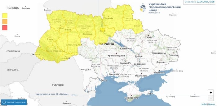 У низці регіонів України 22 червня очікується погіршення погодних умов, карта: Укргідрометцентр