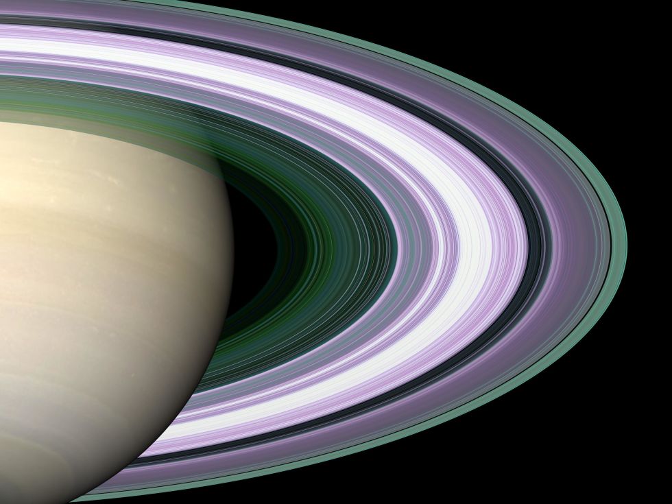 Колір на цій фотографії Сатурна використовується для того, щоб глядач отримав наочне уявлення про розміри частинок кільця