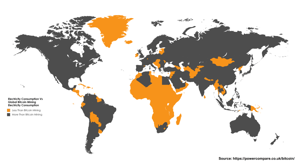 Карта: Power Compare - Помаранчевим кольором позначені країни з меншим енергоспоживанням, ніж Bitcoin, сірим — з більшим