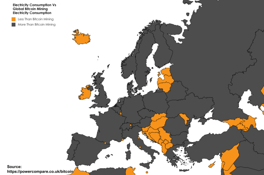 Карта: Power Compare - Оранжевым цветом обозначены страны с меньшим энергопотреблением, чем Bitcoin, серым - с большим